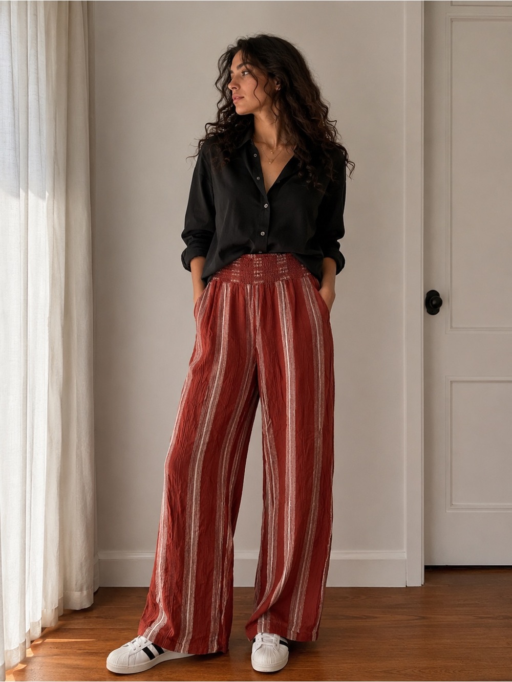 Rewash Rust-Striped Wide Leg Pants